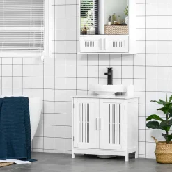 Meuble Sous-Vasque|kleankin Meuble sous-vasque - 2 portes rainurées avec étagère réglable - poignées alliage aluminium - dim. 60L x 30l x 60H cm - MDF blanc