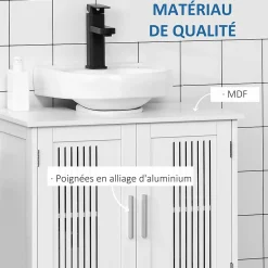 Meuble Sous-Vasque|kleankin Meuble sous-vasque - 2 portes rainurées avec étagère réglable - poignées alliage aluminium - dim. 60L x 30l x 60H cm - MDF blanc