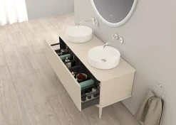 Meuble Buanderie|Baden Meuble sous-vasque à suspendre l.141 cm avec plan de toilette, 2 vasques à poser et pieds H.29 cm, beige coton, Idra
