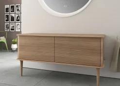 Meuble Buanderie|Baden Meuble sous-vasque à suspendre l.141 cm avec plan de toilette et pieds H.29 cm, effet chêne tabac, Idra