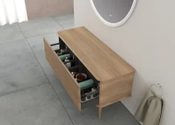 Meuble Buanderie|Baden Meuble sous-vasque à suspendre l.141 cm avec plan de toilette et pieds H.29 cm, effet chêne tabac, Idra