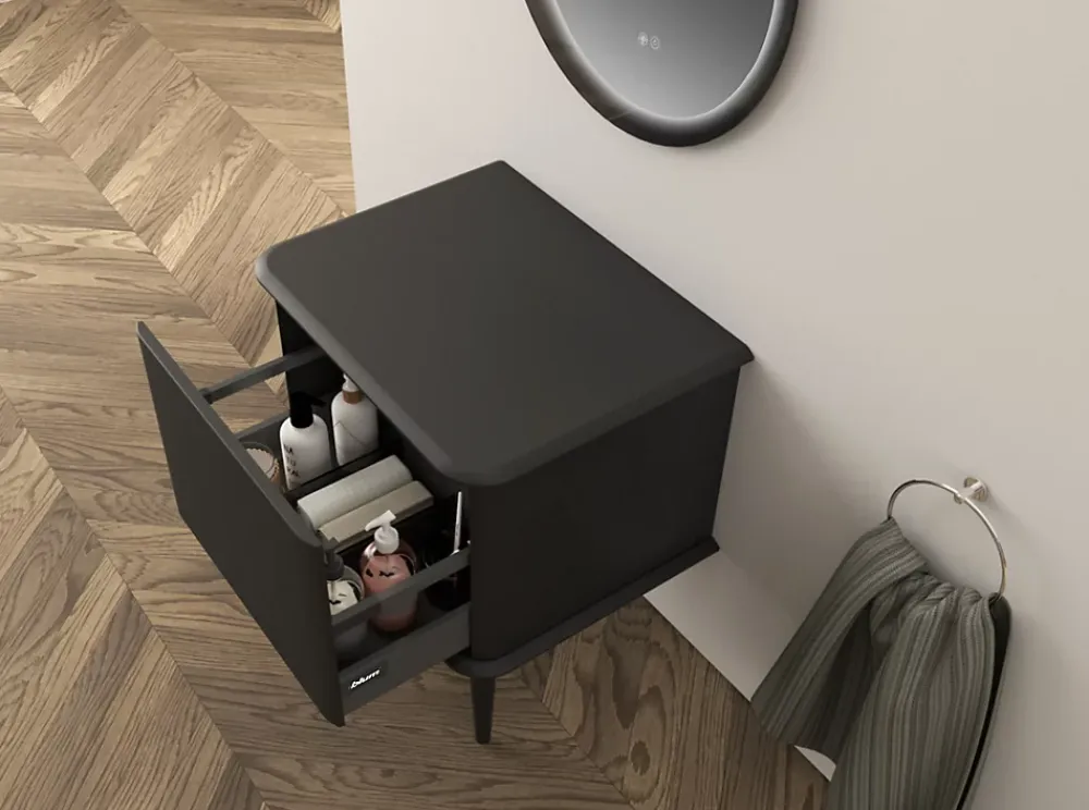 Meuble Buanderie|Baden Meuble sous-vasque à suspendre l.61 cm avec plan de toilette et pieds H.29 cm, noir mat, Idra