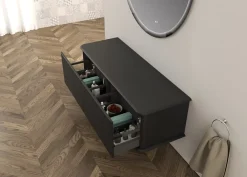 Baden Meuble sous-vasque à suspendre l.141 cm avec plan de toilette et pieds H.29 cm, noir mat, Idra