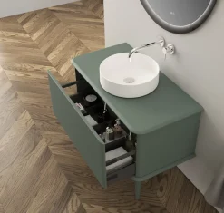 Meuble Buanderie|Baden Meuble sous-vasque à suspendre l.95 cm avec plan de toilette, vasque à poser et pieds H.29 cm, vert mat, Idra