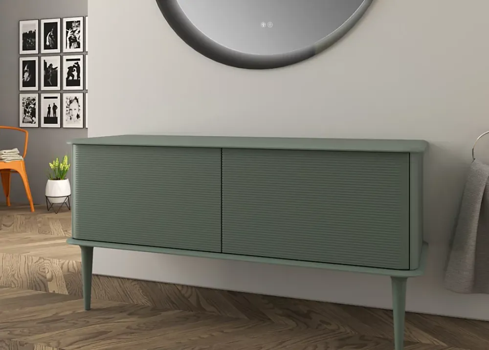Meuble Buanderie|Baden Meuble sous-vasque à suspendre l.141 cm avec plan de toilette et pieds H.29 cm, vert mat, Idra
