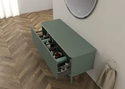 Meuble Buanderie|Baden Meuble sous-vasque à suspendre l.141 cm avec plan de toilette et pieds H.29 cm, vert mat, Idra