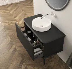Baden Meuble sous-vasque à suspendre l.95 cm avec plan de toilette, vasque à poser et pieds H.29 cm, noir mat, Idra