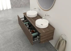 Baden Meuble sous-vasque à suspendre l.141 cm avec plan de toilette et 2 vasques à poser, effet noyer, Idra