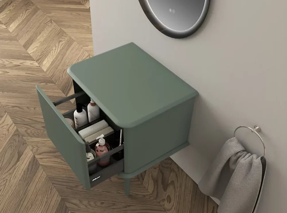 Meuble Buanderie|Baden Meuble sous-vasque à suspendre l.61 cm avec plan de toilette et pieds H.29 cm, vert mat, Idra