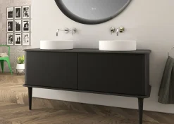 Meuble Buanderie|Baden Meuble sous-vasque à suspendre l.141 cm avec plan de toilette, 2 vasques à poser et pieds H.29 cm, noir mat, Idra