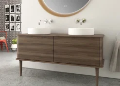 Meuble Buanderie|Baden Meuble sous-vasque à suspendre l.141 cm avec plan de toilette, 2 vasques à poser et pieds H.29 cm, effet noyer, Idra