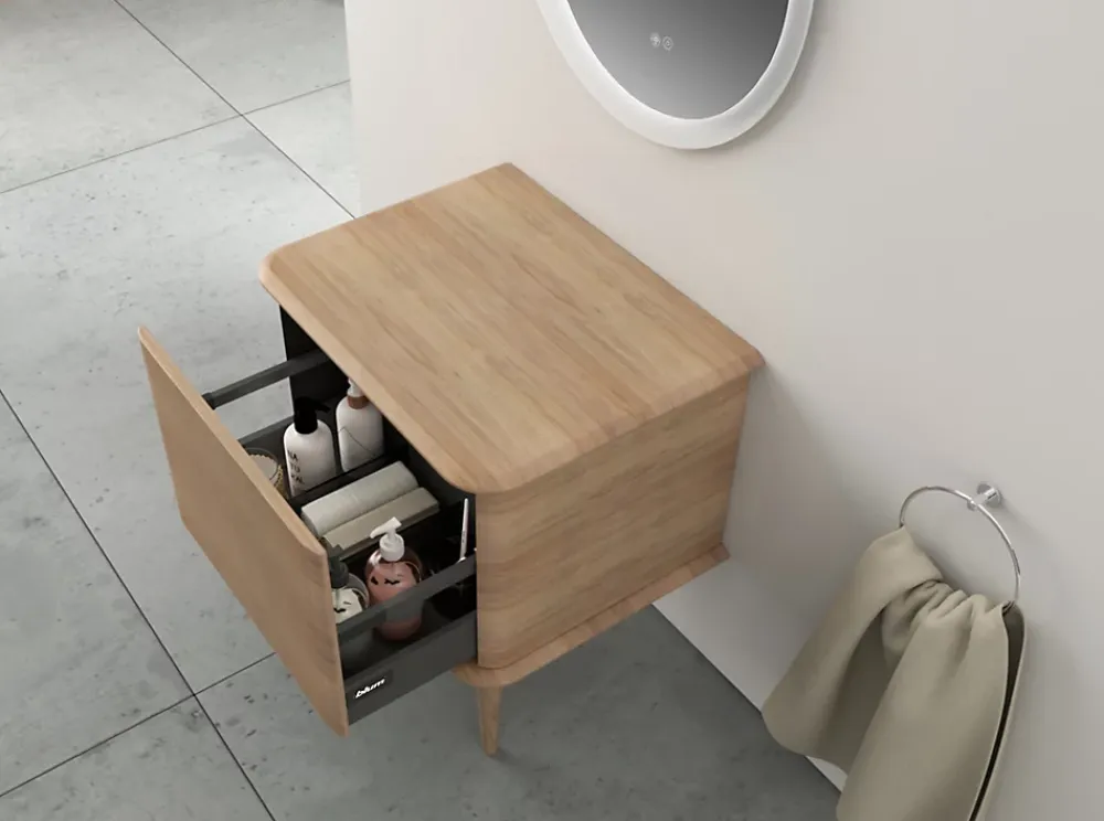 Meuble Buanderie|Meuble Vasque|Baden Meuble sous-vasque à suspendre l.61 cm avec plan de toilette et pieds H.29 cm, effet chêne tabac, Idra