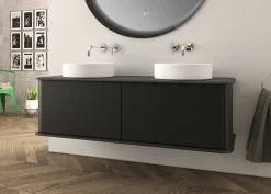 Meuble Buanderie|Baden Meuble sous-vasque à suspendre l.141 cm avec plan de toilette et 2 vasques à poser, noir mat, Idra