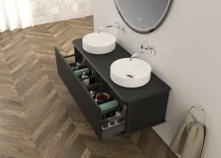 Meuble Buanderie|Baden Meuble sous-vasque à suspendre l.141 cm avec plan de toilette et 2 vasques à poser, noir mat, Idra
