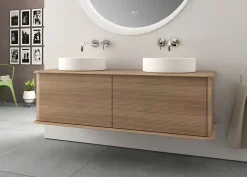 Meuble Buanderie|Baden Meuble sous-vasque à suspendre l.141 cm avec plan de toilette et 2 vasques à poser, effet chêne tabac, Idra