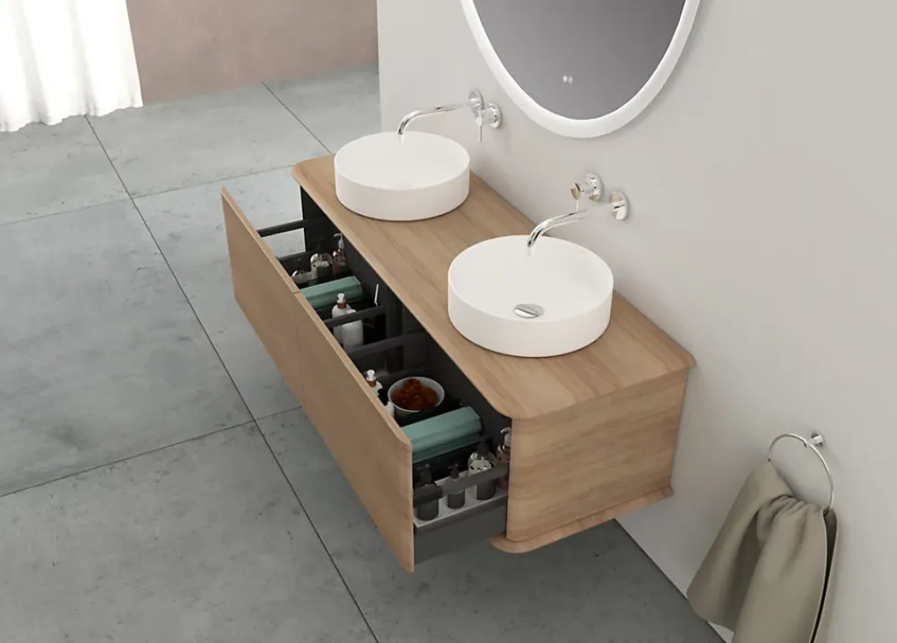 Meuble Buanderie|Baden Meuble sous-vasque à suspendre l.141 cm avec plan de toilette et 2 vasques à poser, effet chêne tabac, Idra