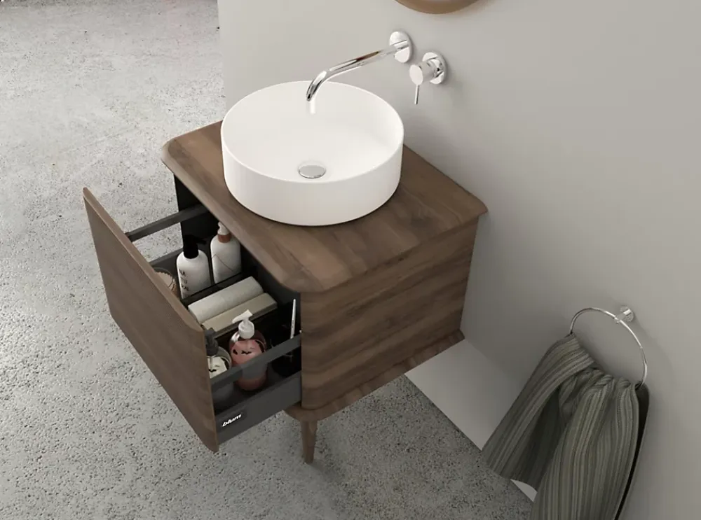 Meuble Buanderie|Baden Meuble sous-vasque à suspendre l.61 cm avec plan de toilette, vasque à poser et pieds H.29 cm, effet noyer, Idra
