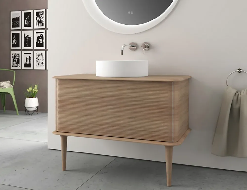 Baden Meuble sous-vasque à suspendre l.95 cm avec plan de toilette, vasque à poser et pieds H.29 cm, effet chêne tabac, Idra