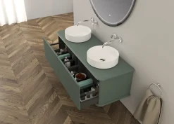 Meuble Buanderie|Baden Meuble sous-vasque à suspendre l.141 cm avec plan de toilette et 2 vasques à poser, vert mat, Idra