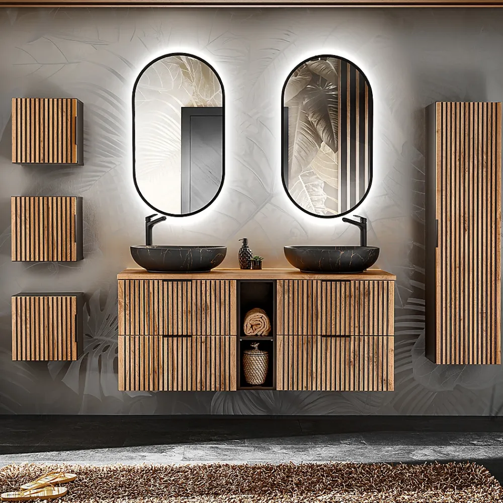 Meuble Sous-Vasque|Petits-Meubles Meuble sous-vasque 140cm 2 niches Gaia Bois et Noir