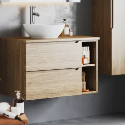 Petits-Meubles Meuble sous-vasque 80cm 2 niches plan de toilette Viggo Bois