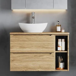 Petits-Meubles Meuble sous-vasque 80cm 2 niches plan de toilette Viggo Bois