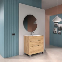 Meuble Vasque|Futurbath Meuble sous-vasque effet chêne l.80 cm + plan simple vasque porcelaine, Louna