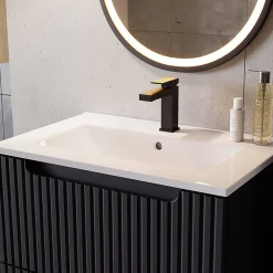 Meuble Sous Lavabo|[En.Casa] Meuble sous-vasque NEWPORT avec lavabo 50 x 57 x 39 cm noir rainuré blanc brillant en.casa