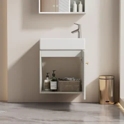Meuble Vasque|Okwish Meuble Sous-Vasque Suspendu avec Vasque - Meuble Salle de Bain Compact, MDF, 46x26x56 cm - Blanc