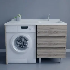 Meuble Vasque|Cuisibane Meuble spécial lave-linge KORA avec plan vasque déportée 124 cm x 65 cm- Bois- Vasque à droite