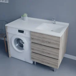 Meuble Vasque|Cuisibane Meuble spécial lave-linge KORA avec plan vasque déportée 124 cm x 65 cm- Bois- Vasque à droite