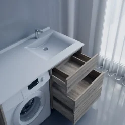 Meuble Vasque|Cuisibane Meuble spécial lave-linge KORA avec plan vasque déportée 124 cm x 65 cm- Bois- Vasque à droite