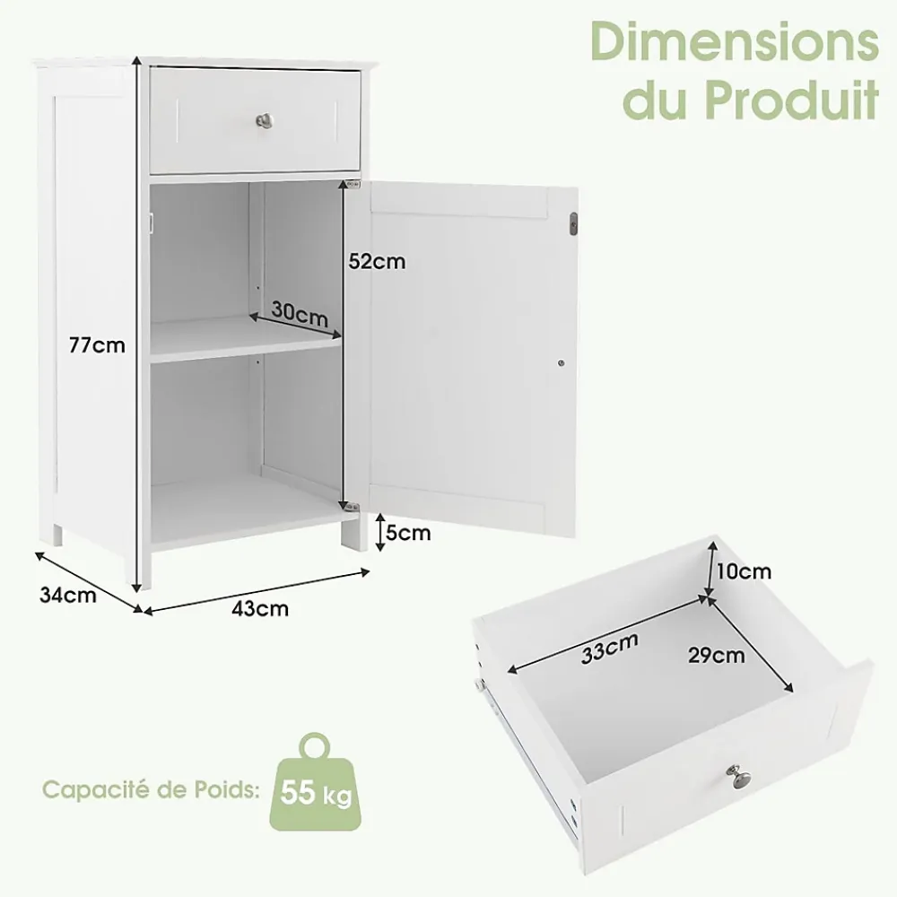 Giantex Meuble sur Pieds de Salle de Bain avec Étagères Réglables Tiroir et 1 Porte Armoire de Rangement pour Salle de Bain Blanc