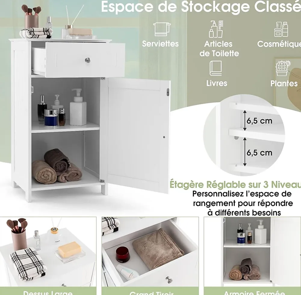 Giantex Meuble sur Pieds de Salle de Bain avec Étagères Réglables Tiroir et 1 Porte Armoire de Rangement pour Salle de Bain Blanc
