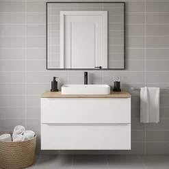 Meuble Buanderie|Meuble Vasque|GoodHome Meuble suspendu blanc brillant l.100 cm Imandra + plan de toilette chêne massif Hartland,