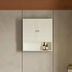 Kiamami Valentina Meuble Suspendu En Bois Décapé Blanc Avec 2 Portes Et Une Étagère Ouverte Toscana