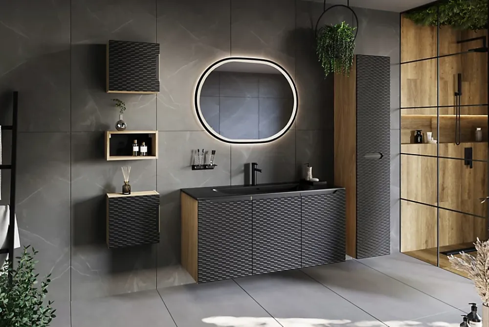Meuble Sous Lavabo|Furnidea Meuble suspendu sous vasque OCEAN chêne et noir 60 cm - 2 tiroirs façades 3D