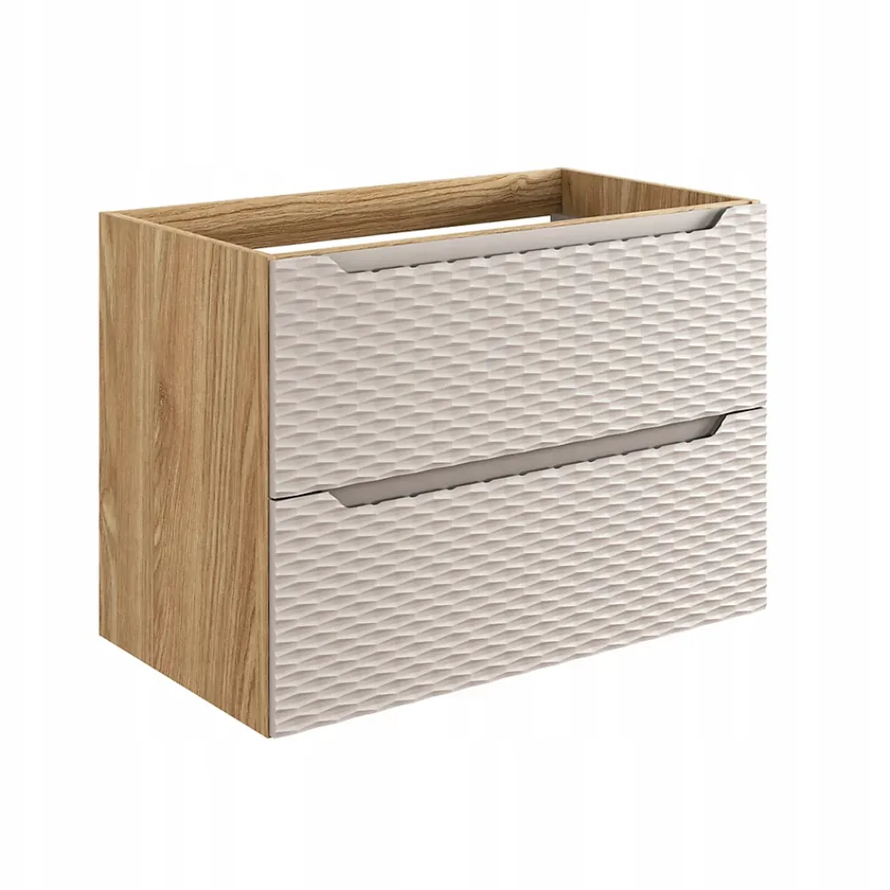 Meuble Sous Lavabo|Furnidea Meuble suspendu sous vasque OCEAN chêne et beige 80 cm - 2 tiroirs façades 3D