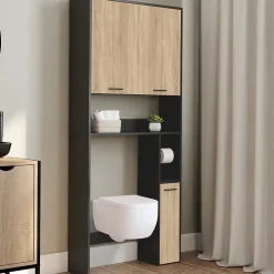Armoire De Salle De Bains|IDMarket Meuble étagère dessus WC WALLIS noir et bois façon hêtre