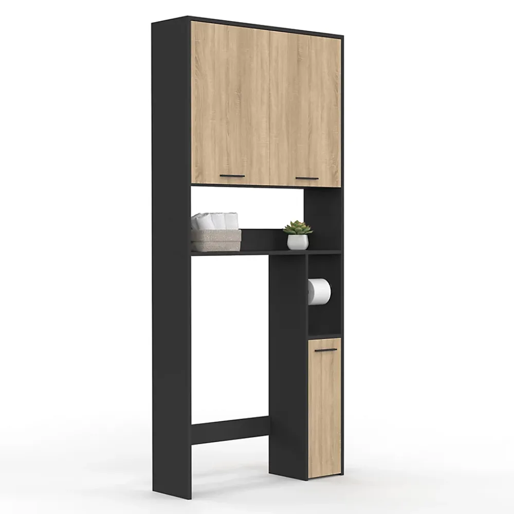 Armoire De Salle De Bains|IDMarket Meuble étagère dessus WC WALLIS noir et bois façon hêtre