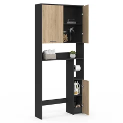 Armoire De Salle De Bains|IDMarket Meuble étagère dessus WC WALLIS noir et bois façon hêtre