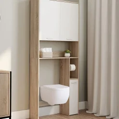 Meuble Wc|IDMarket Meuble étagère dessus WC WALLIS bois façon hêtre et blanc