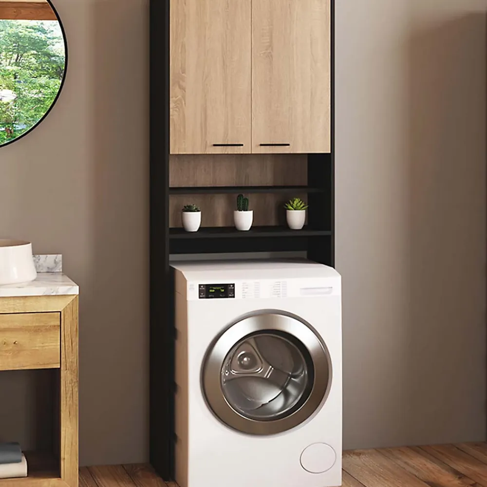 Armoire De Salle De Bains|IDMarket Meuble étagères de rangement dessus machine à laver et WC WALLIS noir et bois façon hêtre
