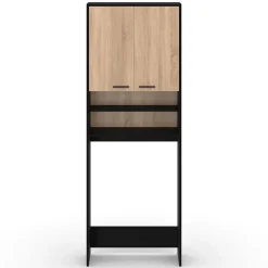 Armoire De Salle De Bains|IDMarket Meuble étagères de rangement dessus machine à laver et WC WALLIS noir et bois façon hêtre