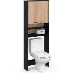 Armoire De Salle De Bains|IDMarket Meuble étagères de rangement dessus machine à laver et WC WALLIS noir et bois façon hêtre