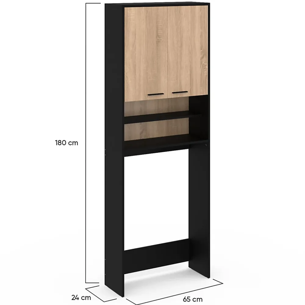 Armoire De Salle De Bains|IDMarket Meuble étagères de rangement dessus machine à laver et WC WALLIS noir et bois façon hêtre
