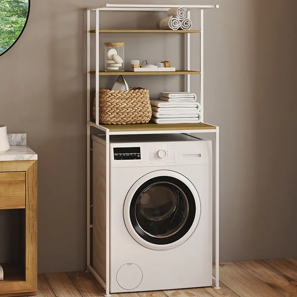 IDMarket Meuble étagères dessus machine à laver DETROIT bois et métal blanc