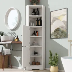 ProximaX Meuble triangulaire salle de bain blanc laqué, 2 étagères ouvertes, 2 portes avec séparateurs réglables, design simple