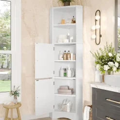 ProximaX Meuble triangulaire salle de bain blanc laqué, 2 étagères ouvertes, 2 portes avec séparateurs réglables, design simple