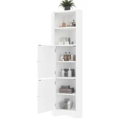 ProximaX Meuble triangulaire salle de bain blanc laqué, 2 étagères ouvertes, 2 portes avec séparateurs réglables, design simple